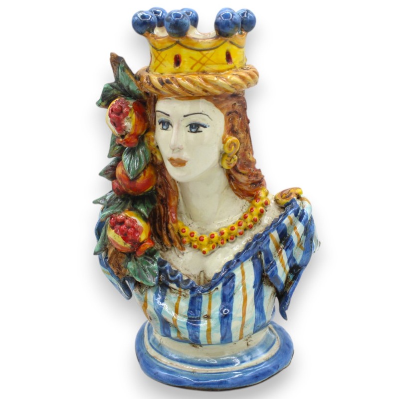 Coppia di Busti in ceramica Caltagirone con Corona, Melograno, h 21 / 22 cm ca. Blu Antico - 