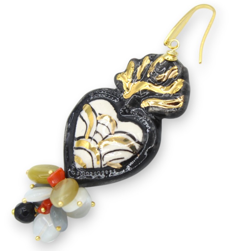 Caltagirone Keramiska örhängen, Heart of Jesus, Svart - h 9 cm ca. Naturstenar, emalj i 24k rent guld - 