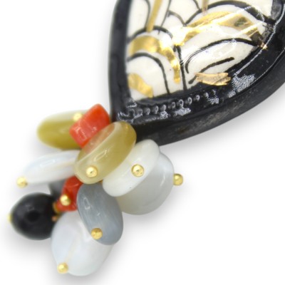 Boucles d'oreilles en céramique Caltagirone, Coeur de Jésus, Noir - h 9 cm environ. Pierres naturelles, émail or pur 24 