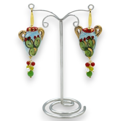 Caltagirone ceramic amphora earrings, approx. 7 cm high. natural stones, 24k pure gold enamel -  2