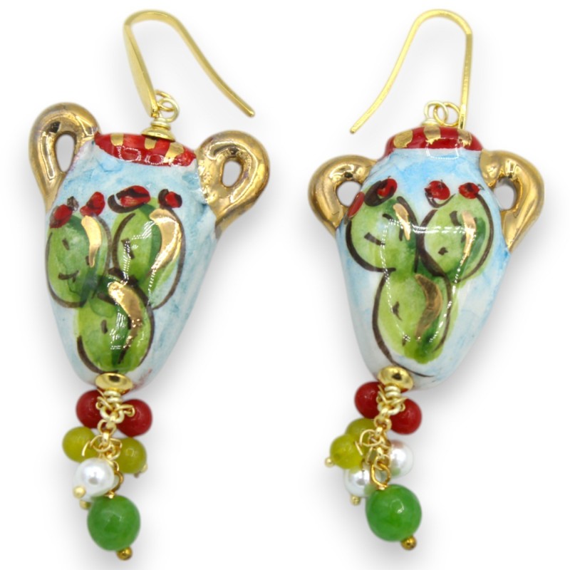 Pendientes ánfora de cerámica Caltagirone, altura aprox. piedras naturales, esmalte de oro puro de 24k - 