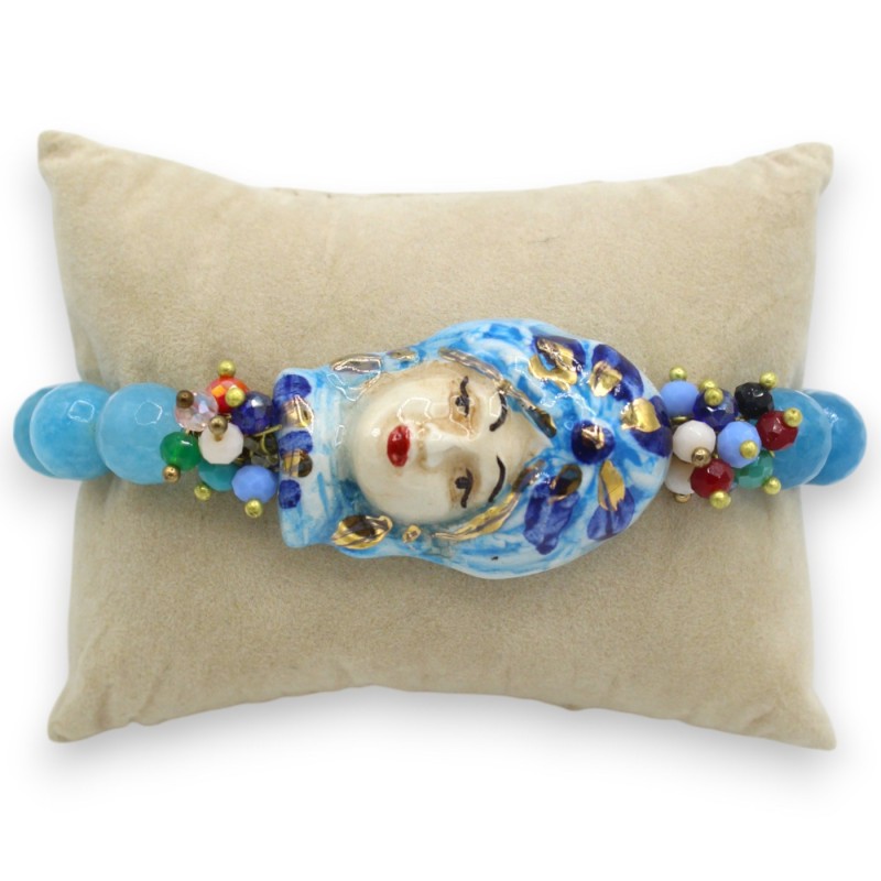 Armband mit Angelit-Kugeln, L ca. 18 cm. Sizilianischer Maurenkopf, Frau, Caltagirone-Keramik, 24-karätige Goldemail - 