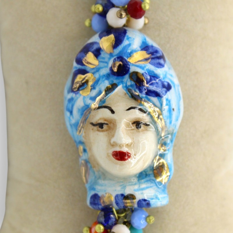 Pulsera con esferas de Angelita, L aprox. 18 cm. Cabeza de Moro Siciliano, Mujer, cerámica de Caltagirone, esmalte en or