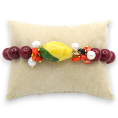 Pulsera con esferas de Madrepora, L aprox. Limón en cerámica Caltagirone y piedras naturales. - 