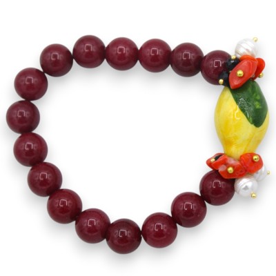 Pulseira com esferas Madrepora, L aprox. 18 cm. Limão em cerâmica Caltagirone e pedras naturais - 