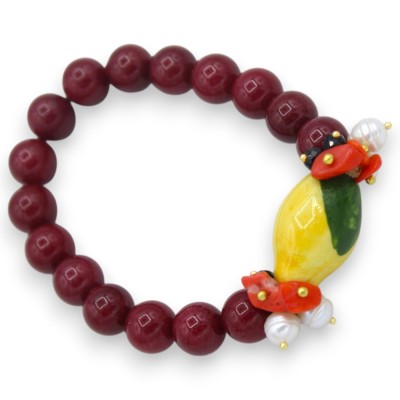 Pulsera con esferas de Madrepora, L aprox. Limón en cerámica Caltagirone y piedras naturales. - 