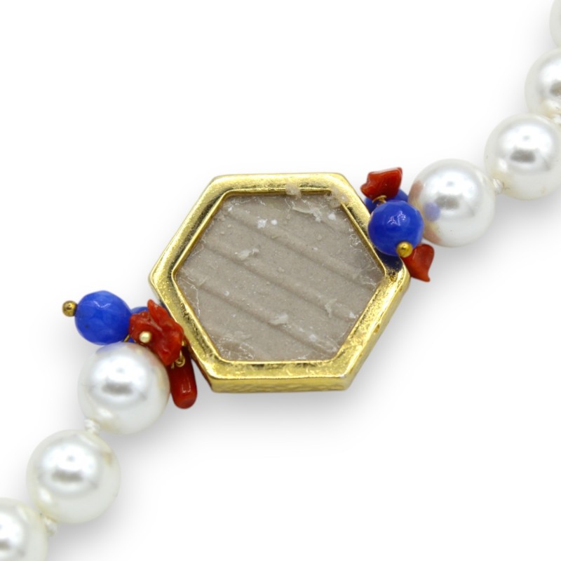 Natuurlijke parelarmband, L ca. 21 cm met Majolica tegel en messing frame, natuursteen - 