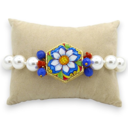 Pulseira de pérolas naturais, C aprox. 21 cm. com azulejo majólica e moldura em latão, pedras naturais - 