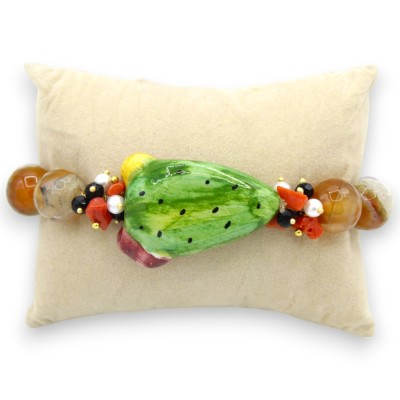Pulsera de ojo de gato, L aprox. 18 cm con pala de tuna en cerámica Caltagirone, piedras naturales - 