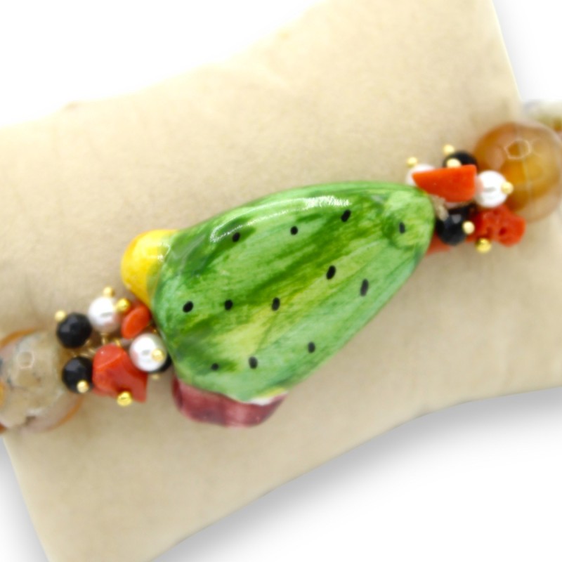 Pulsera de ojo de gato, L aprox. 18 cm con pala de tuna en cerámica Caltagirone, piedras naturales - 