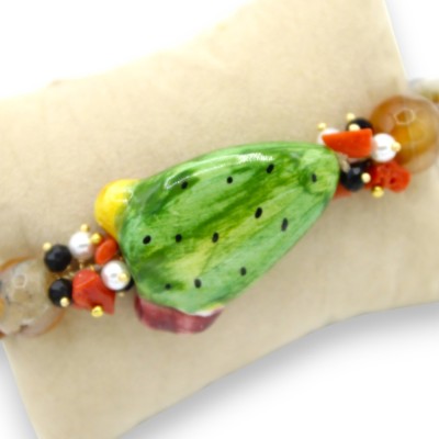 Pulsera de ojo de gato, L aprox. 18 cm con pala de tuna en cerámica Caltagirone, piedras naturales - 