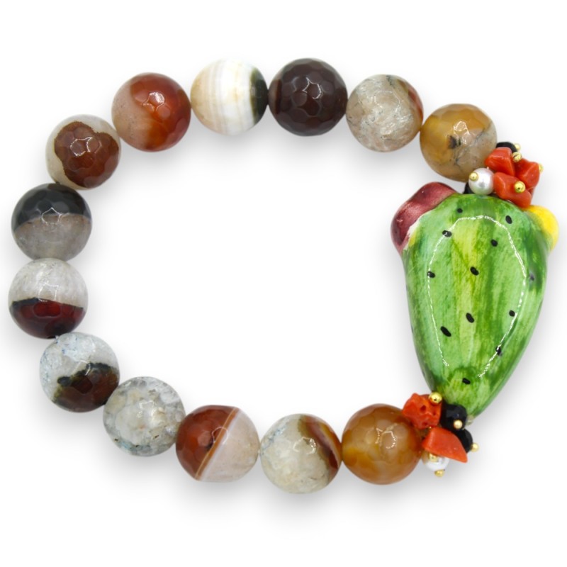 Pulsera de ojo de gato, L aprox. 18 cm con pala de tuna en cerámica Caltagirone, piedras naturales - 