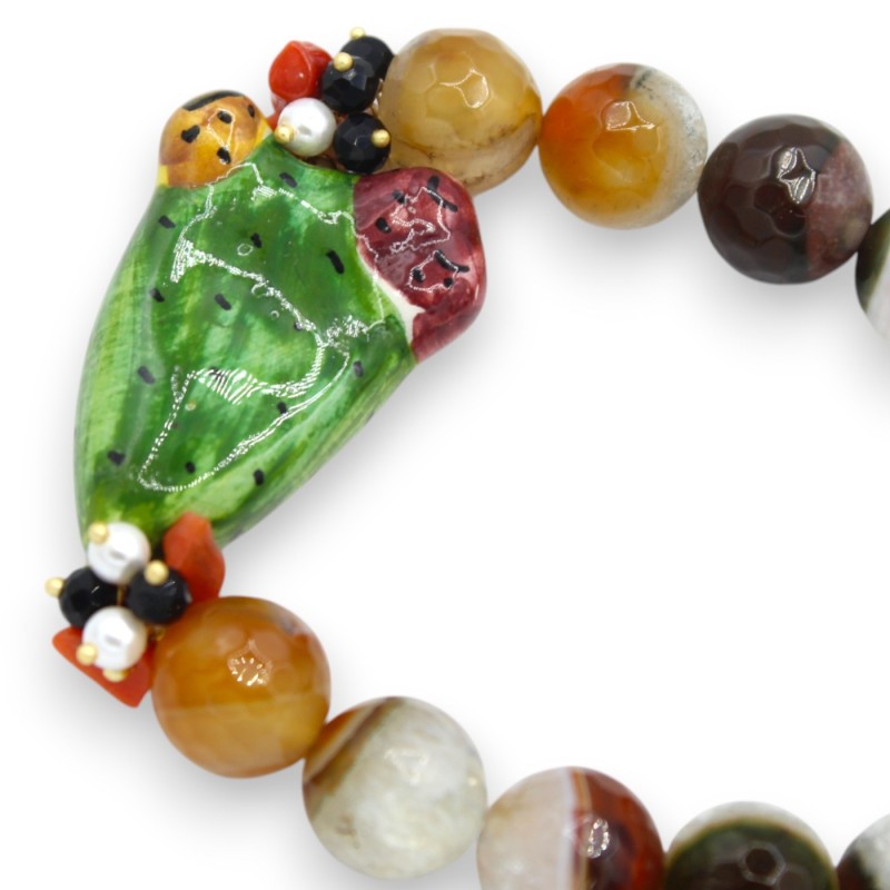 Pulsera de ojo de gato, L aprox. 18 cm con pala de tuna en cerámica Caltagirone, piedras naturales - 
