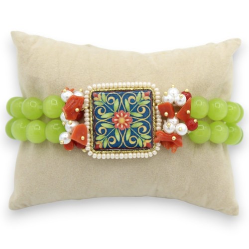 Cat's Eye dubbelstrengs armband, ca. 18 cm lavasteentegel en wit/blauwe majolica - 