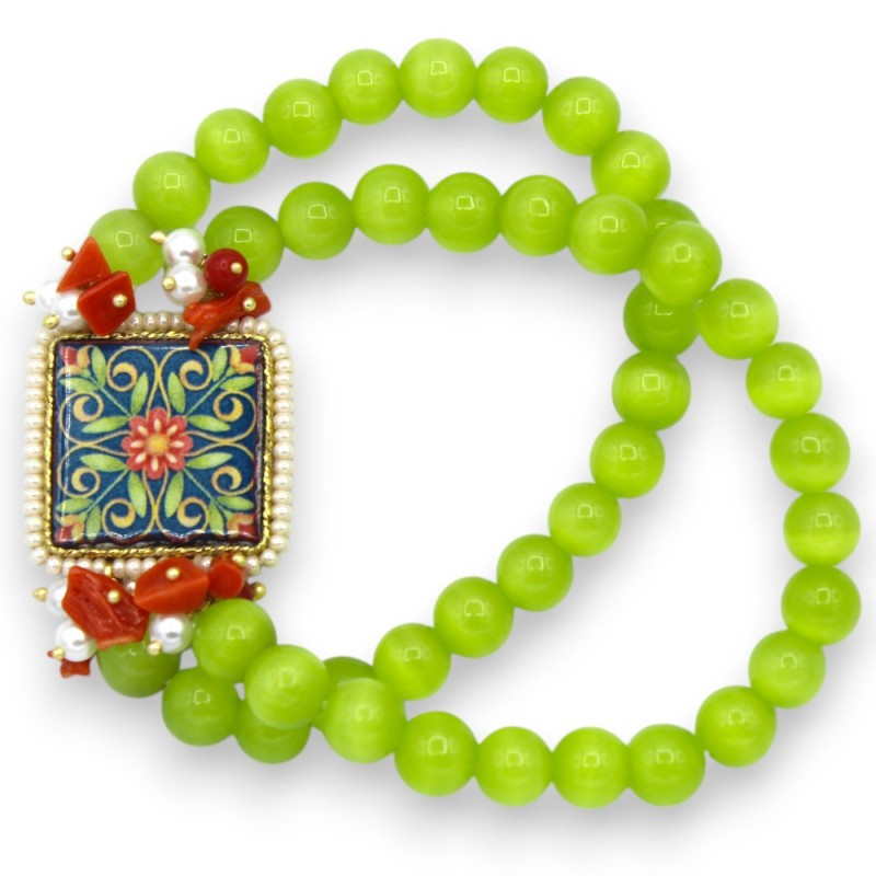 Bracelet double brin Oeil de Chat, env. carrelage en pierre de lave et majolique blanc/bleu - 