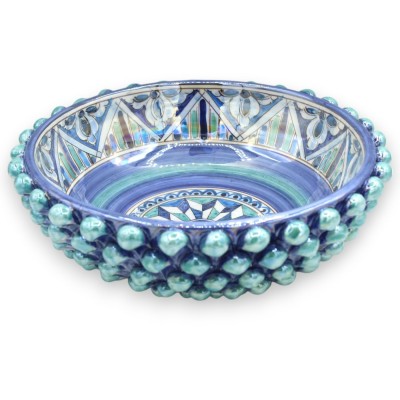 Dennenappel middelpunt, Oudgroen en Blauw, Parelmoer emaille, Caltagirone keramiek Ø ca. 32 cm. Geometrische decoratie -