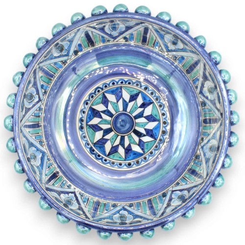 Centre de table Pomme de Pin, Vert Ancien et Bleu, émail nacre, céramique Caltagirone Ø env. Décoration géométrique -  2
