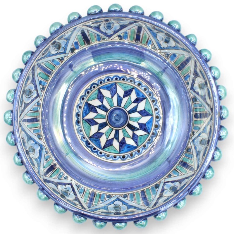 Dennenappel middelpunt, Oudgroen en Blauw, Parelmoer emaille, Caltagirone keramiek Ø ca. 32 cm. Geometrische decoratie -