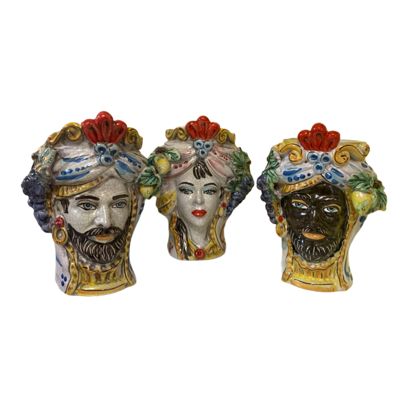 Klassischer Caltagirone-Moros-Kopf mit Frucht-Craquele, antike Emaille-Version – Höhe 20 cm - 