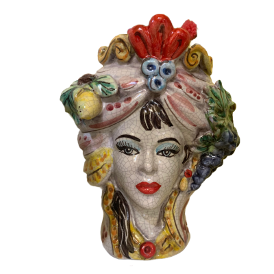 Sicilianska morhuvuden (1st) h ca 20 cm Klassisk Caltagirone-keramik med frukt, antik Craquele-emalj - 