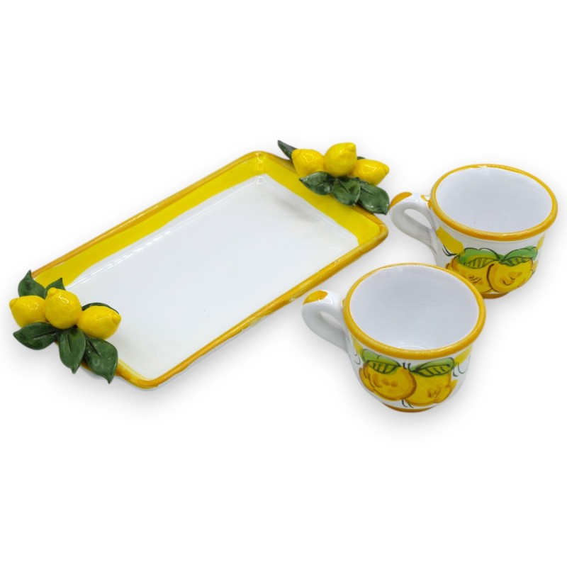Servicio de café Tet a Tet, dos tazas y bandeja, en cerámica fina, aplicaciones y decoración de limón. - 