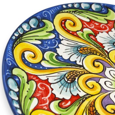 Ceramiczny talerz ozdobny Caltagirone, Ø ok. 37 cm barokowa dekoracja i kwiat na niebieskim tle - 