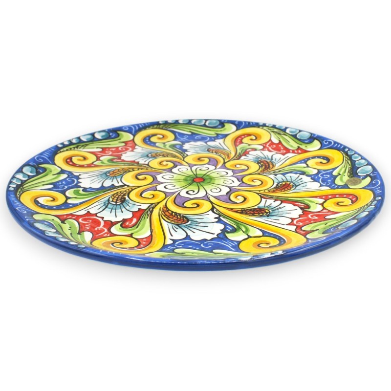 Assiette ornementale en céramique Caltagirone, Ø env. décoration baroque et fleur sur fond bleu - 