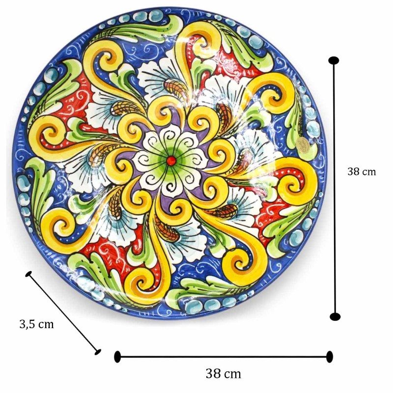 Assiette ornementale en céramique Caltagirone, Ø env. décoration baroque et fleur sur fond bleu - 