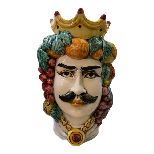 Sicilianska mörkbruna huvuden (1 st) h ca 18 cm Caltagirone keramik med krona och frukt