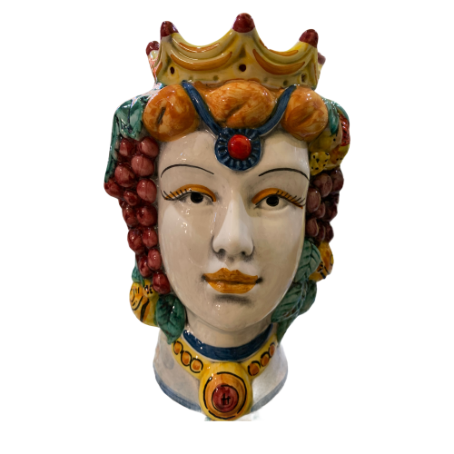 Cabeças sicilianas marrom-escuras (1 unidade) altura aproximadamente 18 cm Cerâmica Caltagirone com Coroa e Fruta -  2