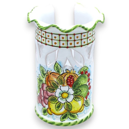 Zapiekany i perforowany uchwyt na szkło, ceramika Caltagirone, h 20 x Ø 13 cm, biały z dekoracją mieszanych owoców -  2