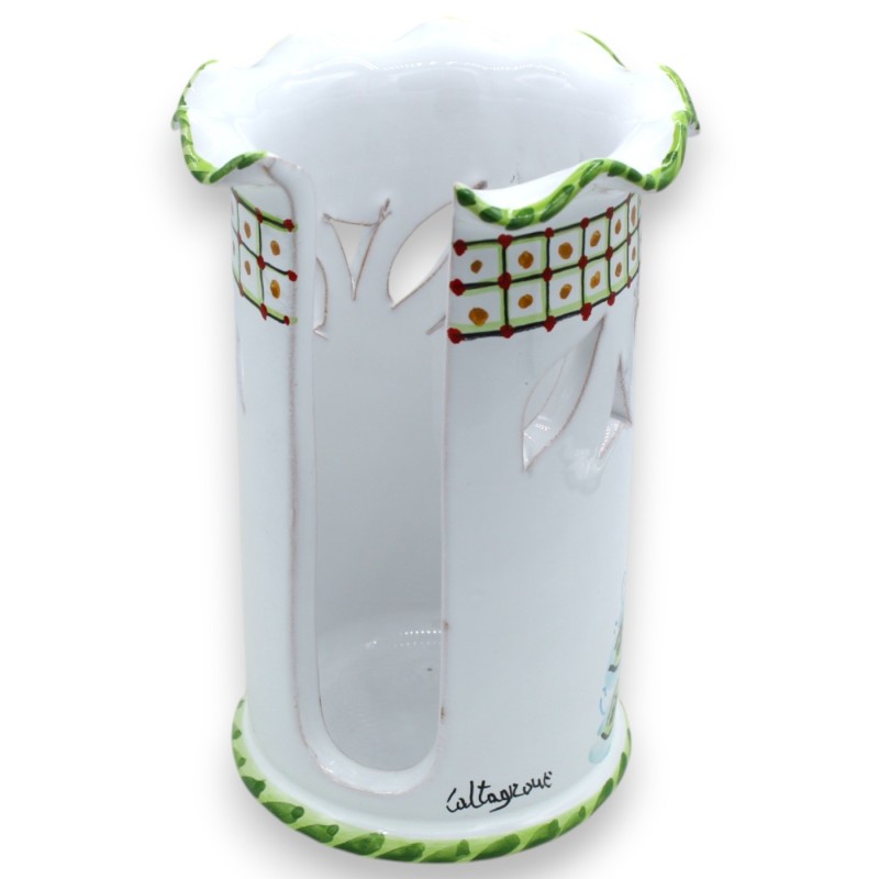 Soporte de cristal festoneado y perforado, cerámica Caltagirone, h 20 x Ø 13 cm, blanco con decoración de frutas mixtas 