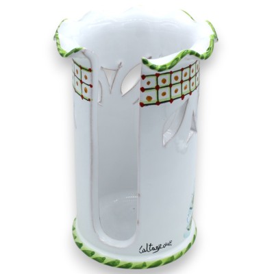 Soporte de cristal festoneado y perforado, cerámica Caltagirone, h 20 x Ø 13 cm, blanco con decoración de frutas mixtas 
