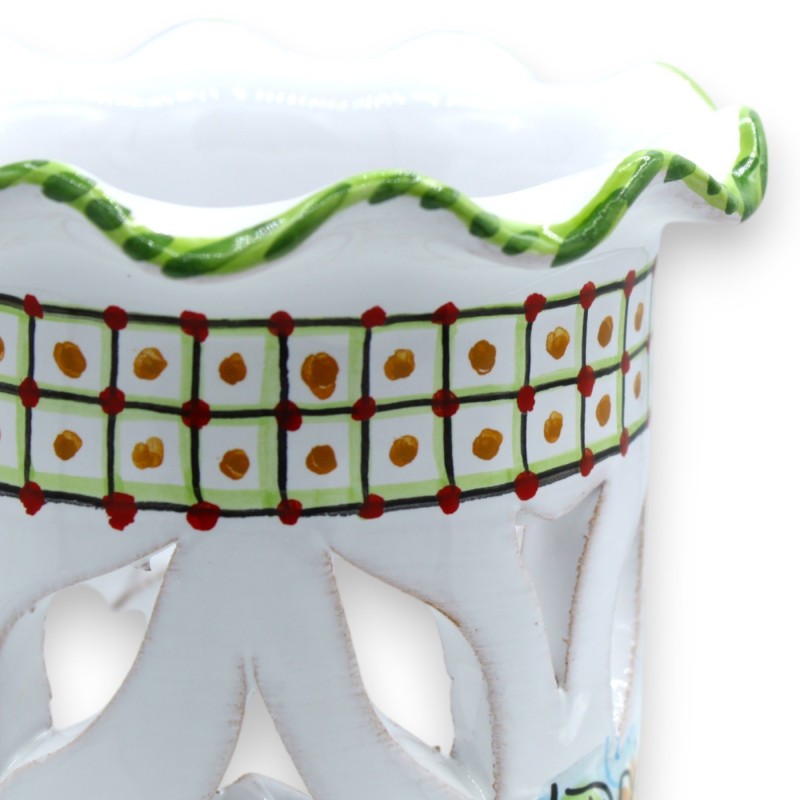 Soporte de cristal festoneado y perforado, cerámica Caltagirone, h 20 x Ø 13 cm, blanco con decoración de frutas mixtas 