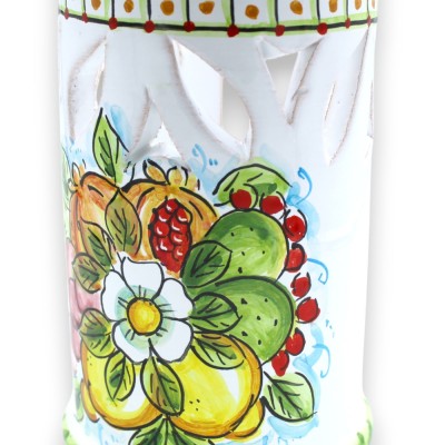 Soporte de cristal festoneado y perforado, cerámica Caltagirone, h 20 x Ø 13 cm, blanco con decoración de frutas mixtas 