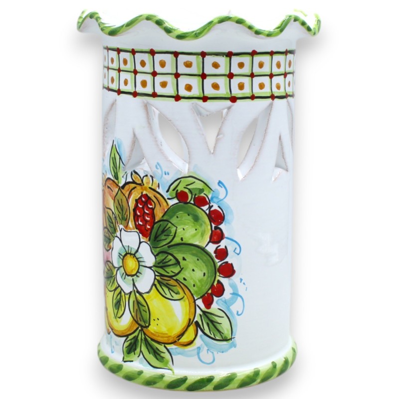 Geschulpte en geperforeerde glashouder, Caltagirone keramiek, h 20 x Ø 13 cm, Wit met Mixed Fruit decoratie - 