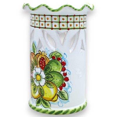 Geschulpte en geperforeerde glashouder, Caltagirone keramiek, h 20 x Ø 13 cm, Wit met Mixed Fruit decoratie - 