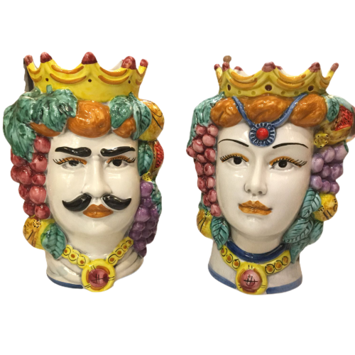 Siciliaanse donkerbruine koppen (1 st) h ca. 18 cm Caltagirone keramiek met Kroon en Fruit - 