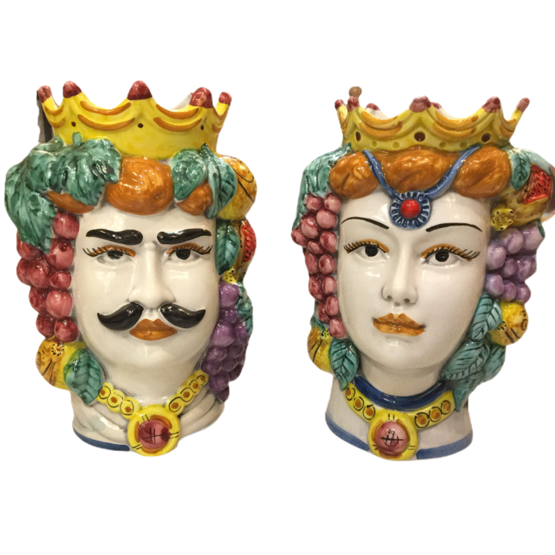 Cabeça siciliana de cerâmica Caltagirone com coroa e frutas - altura 18 cm - 