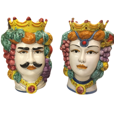 Siciliaanse donkerbruine koppen (1 st) h ca. 18 cm Caltagirone keramiek met Kroon en Fruit - 