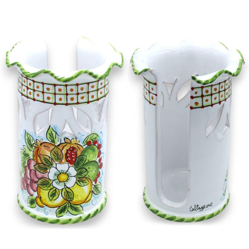 Soporte de cristal festoneado y perforado, cerámica Caltagirone, h 20 x Ø 13 cm, blanco con decoración de frutas mixtas 