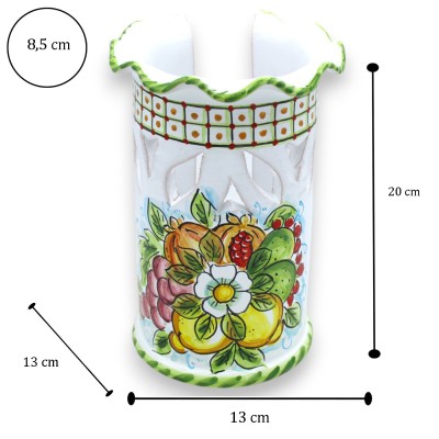 Bågad och perforerad glashållare, Caltagirone keramik, h 20 x Ø 13 cm, Vit med blandad fruktdekor - 