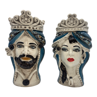 Siciliaanse Moorkoppen (1st) h ca. 20 cm Caltagirone keramiek, model I Normanni, kleur Blauw - 
