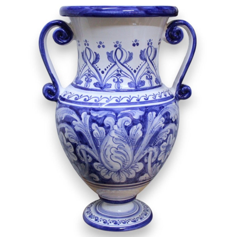 Amphora vas med handtag i fin keramik, h 53 x 34 x 28 cm ca. Koboltblå, barock, blommor och banddekoration - 