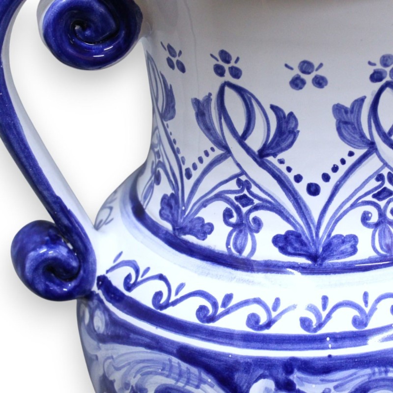Amphora vase with handles in fine ceramic, h 53 x 34 x 28 cm approx. Cobalt Blue, Baroque, Floral and Ribbon Decoration 
