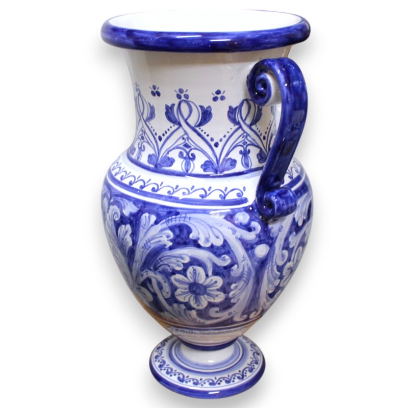 Amphora vas med handtag i fin keramik, h 53 x 34 x 28 cm ca. Koboltblå, barock, blommor och banddekoration - 