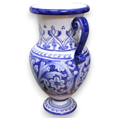 Amphora vase with handles in fine ceramic, h 53 x 34 x 28 cm approx. Cobalt Blue, Baroque, Floral and Ribbon Decoration 