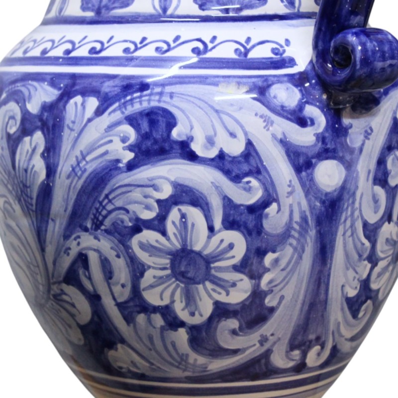 Amphora vase with handles in fine ceramic, h 53 x 34 x 28 cm approx. Cobalt Blue, Baroque, Floral and Ribbon Decoration 