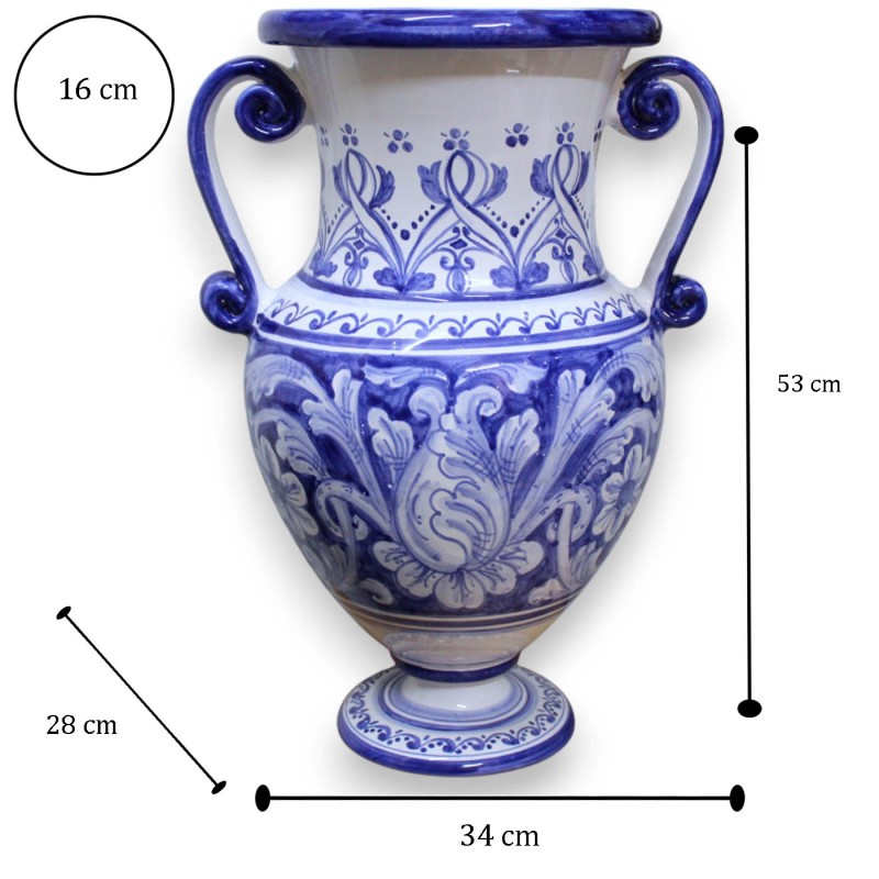 Amphora vase with handles in fine ceramic, h 53 x 34 x 28 cm approx. Cobalt Blue, Baroque, Floral and Ribbon Decoration 