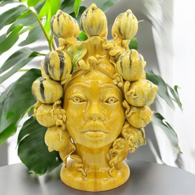 Testa di Moro Donna, fine Sicilian Ceramic, h 40 cm approx. Lemon Crown and relief decorations, Modern Style - 